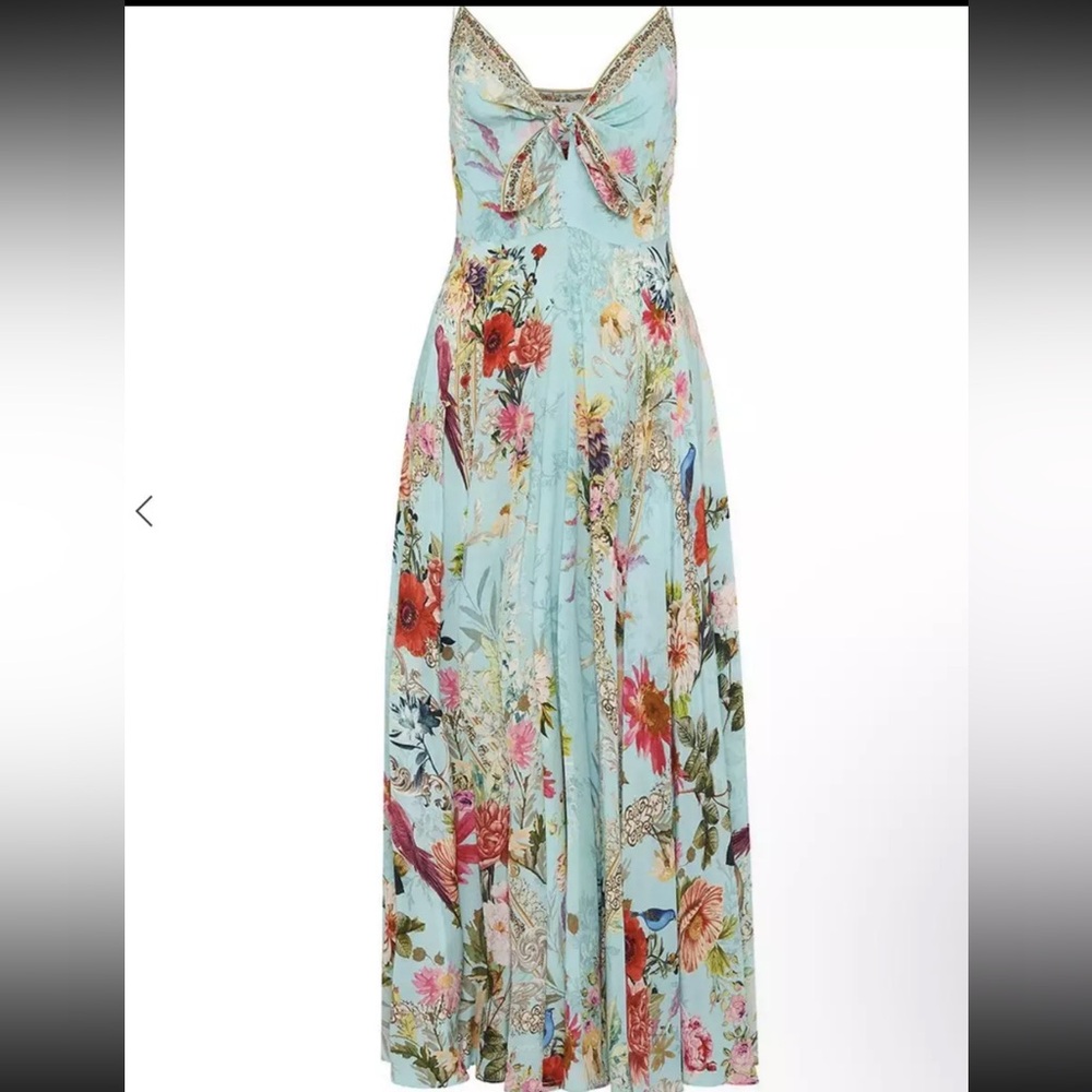 NEW Camilla Crystal Embellished Silk Royal Stitch Up Blue Floral Maxi Dress XXS